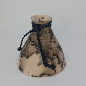 Native American Horse Hair Vase, Raku, Navajo, leather cord,signed by the artist